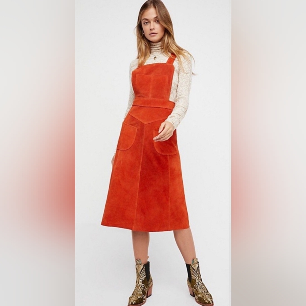 RARE Free People Orange Suede Apron Dress, Sz 12